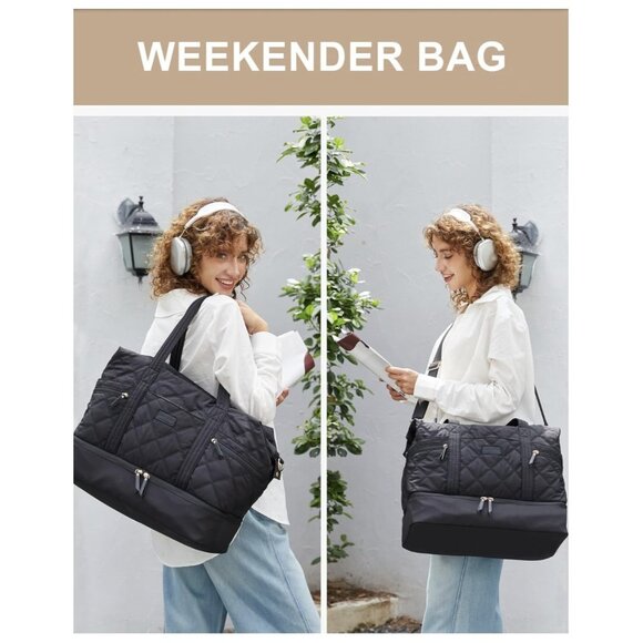LOVEVOOK Travel Duffle Bag Quilted Weekender for Women with Shoe Compartment Bla - Picture 8 of 9